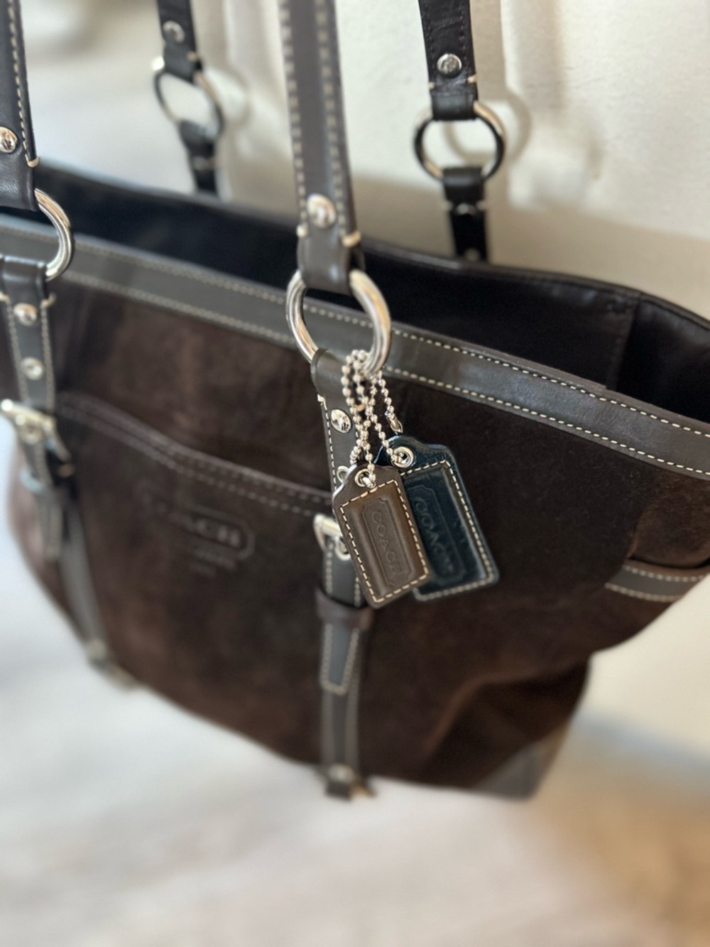 Coach Chocolate Brown Suede Tote with Leather Trim